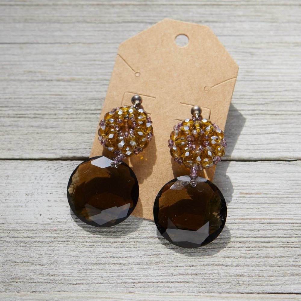 Purple, Green Cluster Bead + Faceted Brown Dangle Earrings | Vintage Sty…